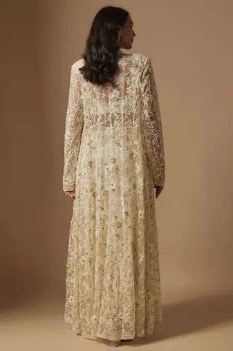 Moon pie full embroidered blouse paired with drape skirt and emb full jacket