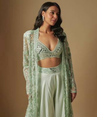 Avreal mirror work blouse paired with embroidered jacket and sharara 2