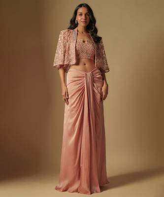 Scena hand embroidered blouse paired with cape and drape 1