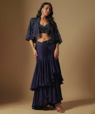 Marasu mirror work blouse paired with hand embroidered cape and ruffled skirt 1