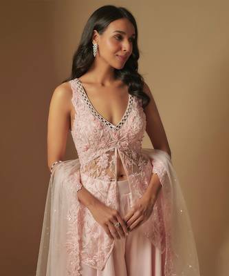 Noom hand embroidered short kurti paired with sharara and dupatta 2