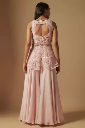 Noom hand embroidered short kurti paired with sharara and dupatta