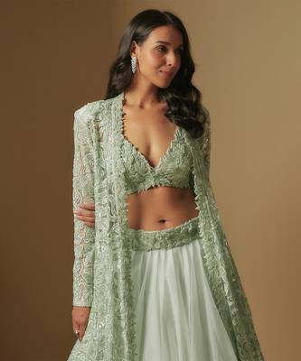Dex hand embroidered blouse paired with long jacket and skirt 2