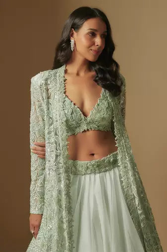 Dex hand embroidered blouse paired with long jacket and skirt