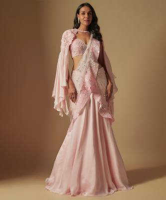 Zenith hand embroidered blouse paired with drape saree and embroidered cape 1