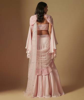 Zenith hand embroidered blouse paired with drape saree and embroidered cape 3