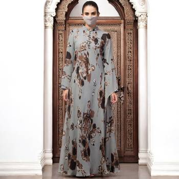 Designer printed floral modest  dress with umbrella flare 5