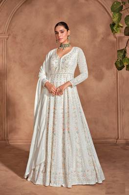 Cream embroidered chinon semi-anarkali salwar suit 1