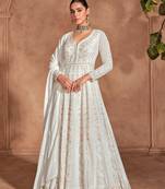 Cream embroidered chinon semi-anarkali salwar suit