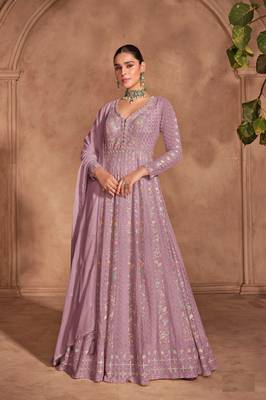 Pink embroidered chinon semi-anarkali salwar suit 1