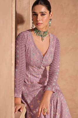 Pink embroidered chinon semi-anarkali salwar suit 2