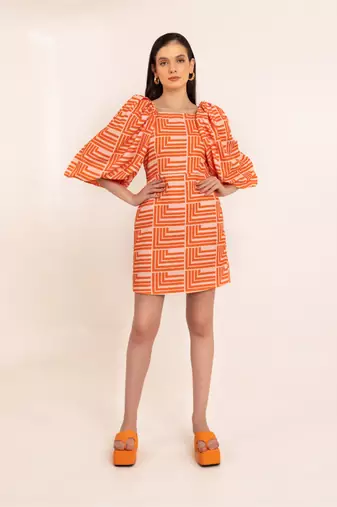 Tangy orange stripe printed bodycon backless summer dress with drama sleeves