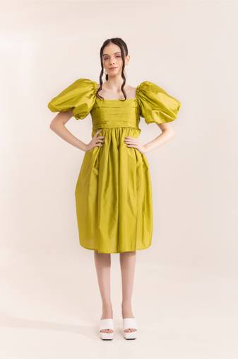 Green sheen drama midi dress