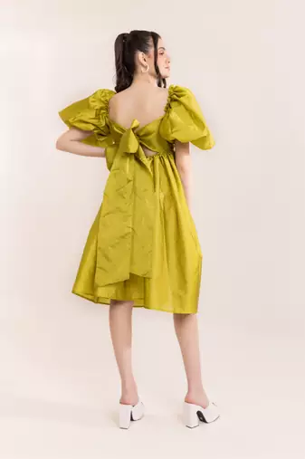 Green sheen drama midi dress