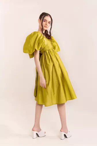 Green sheen drama midi dress