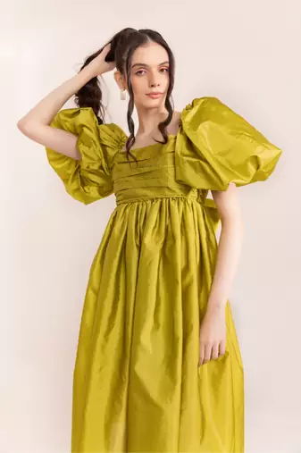 Green sheen drama midi dress
