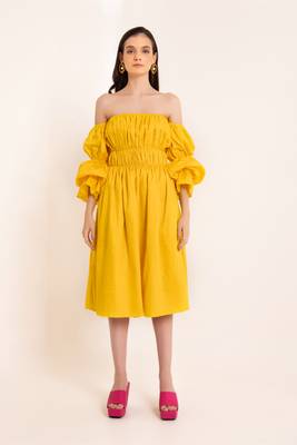 Sunstruck yellow off shoulder pleated volume sleeves midi dress 1
