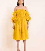 Sunstruck yellow off shoulder pleated volume sleeves midi dress
