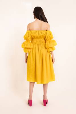 Sunstruck yellow off shoulder pleated volume sleeves midi dress 3