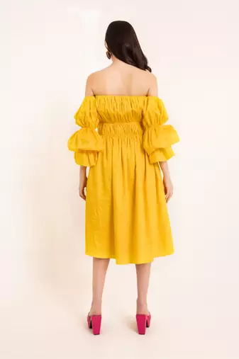 Sunstruck yellow off shoulder pleated volume sleeves midi dress