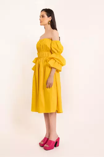 Sunstruck yellow off shoulder pleated volume sleeves midi dress
