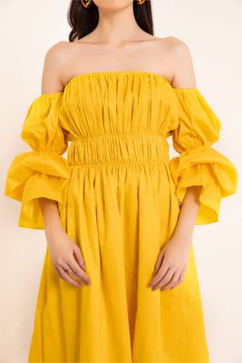 Sunstruck yellow off shoulder pleated volume sleeves midi dress 5
