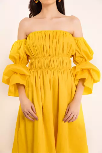 Sunstruck yellow off shoulder pleated volume sleeves midi dress