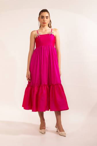 Fuschia pink with rhinestone bow flared maxi dress
