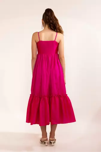Fuschia pink with rhinestone bow flared maxi dress