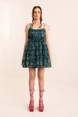 Mosaic blue floral summer skater drress with shoulder tie up 1