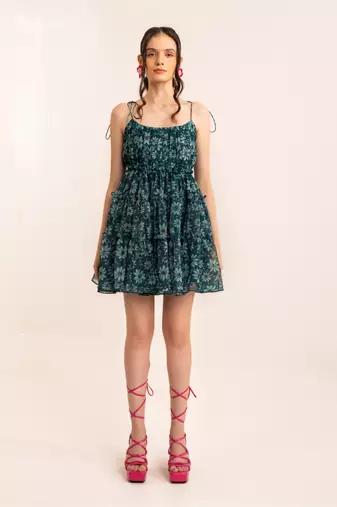 Mosaic blue floral summer skater drress with shoulder tie up