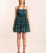 Mosaic blue floral summer skater drress with shoulder tie up