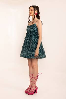 Mosaic blue floral summer skater drress with shoulder tie up 3