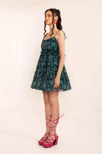 Mosaic blue floral summer skater drress with shoulder tie up