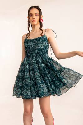 Mosaic blue floral summer skater drress with shoulder tie up 4