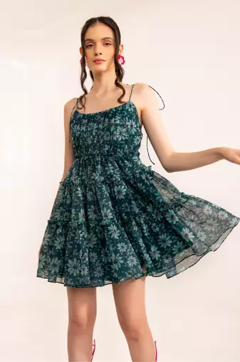 Mosaic blue floral summer skater drress with shoulder tie up