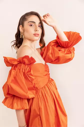 Autumn sunset off shoulder maxi dress
