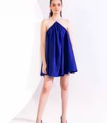 Electric blue rhinestone chain halter mini dress