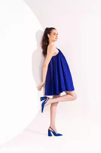 Electric blue rhinestone chain halter mini dress