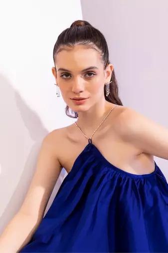 Electric blue rhinestone chain halter mini dress