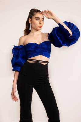 Electric blue off shoulder ruffle sleeve top 1