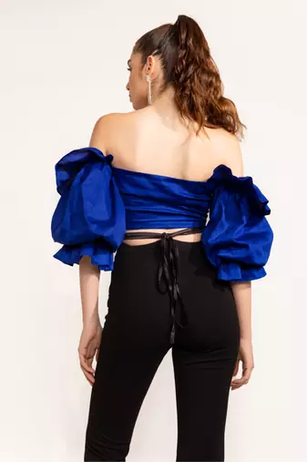 Electric blue off shoulder ruffle sleeve top