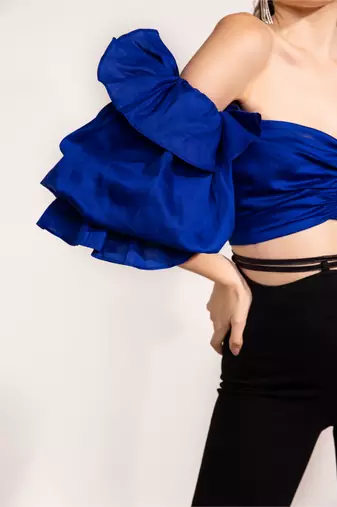 Electric blue off shoulder ruffle sleeve top