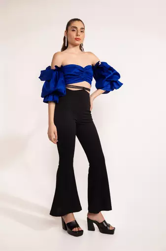 Electric blue off shoulder ruffle sleeve top