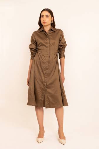 Smoky olive shirt midi dress with side waist cuts