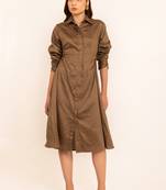 Smoky olive shirt midi dress with side waist cuts