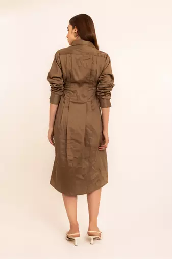 Smoky olive shirt midi dress with side waist cuts