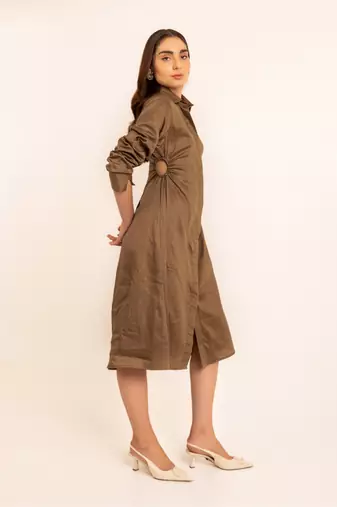 Smoky olive shirt midi dress with side waist cuts