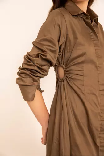 Smoky olive shirt midi dress with side waist cuts