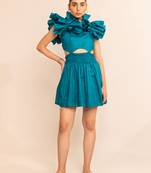 Aqua splash shoulder ruffle with front waist cut out skater dress